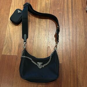 Prada Black Crossbody Bag with Silver Chain and Removable Pouch
